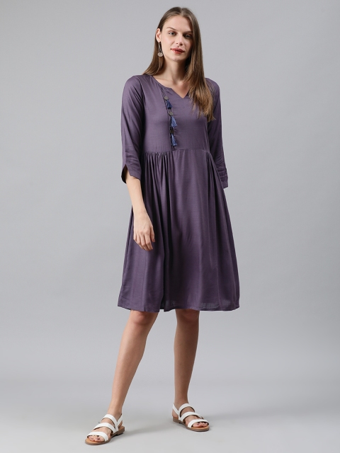 

MIMOSA Women Purple Solid A-Line Dress With Tassels