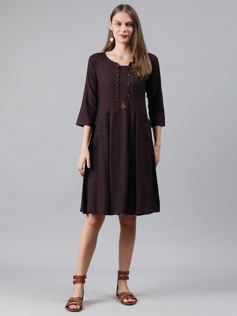 

MIMOSA Women Coffee Brown Solid Tasseled Fit and Flare Dress
