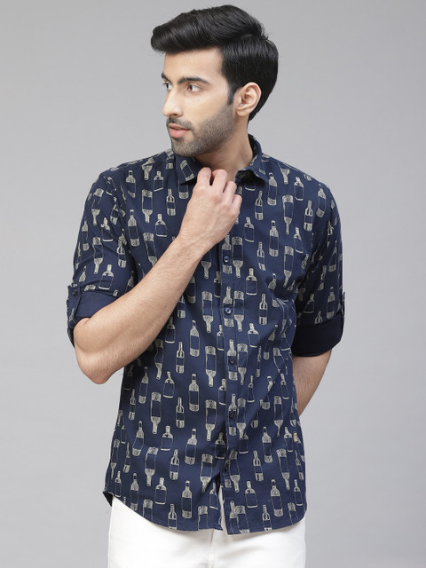 

DENNISON Men Navy Blue & Off White Twill Weave Smart Slim Fit Quirky Printed Casual Shirt