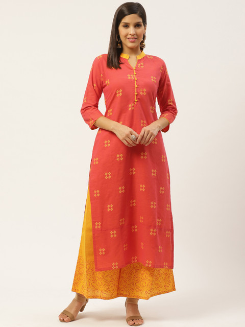 

Varkha Fashion Women Coral Orange & Yellow Woven Design Kurta with Palazzos