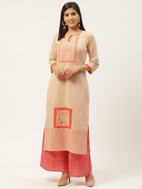 

Varkha Fashion Women Beige & Pink Block Print Kurta with Palazzos