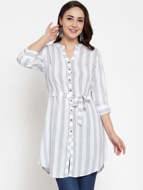 

Baani Creations Women White & Grey Regular Fit Striped Longline Casual Shirt