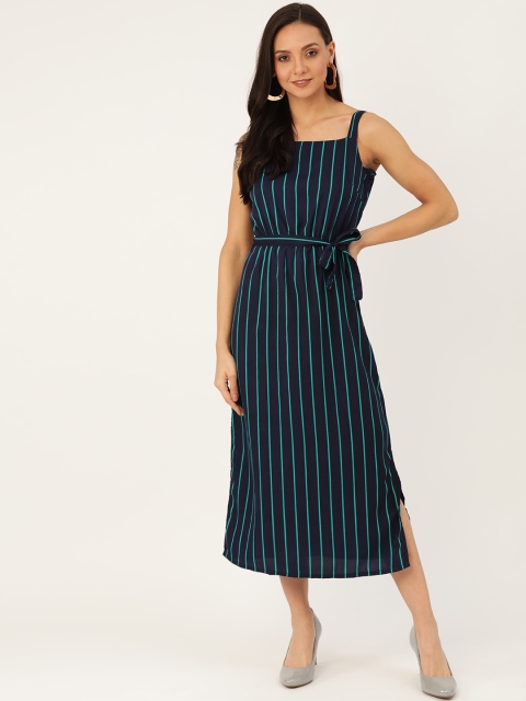 

U&F Women Navy Blue & Green Striped A-Line Dress