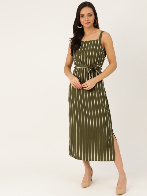 

U&F Women Olive Green & Off-White Striped A-Line Dress