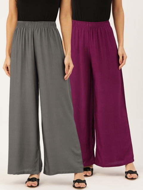 

U&F Women Pack Of 2 Solid Straight Palazzos, Purple