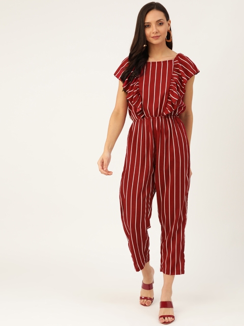 

U&F Women Maroon & White Striped Cropped Basic Jumpsuit