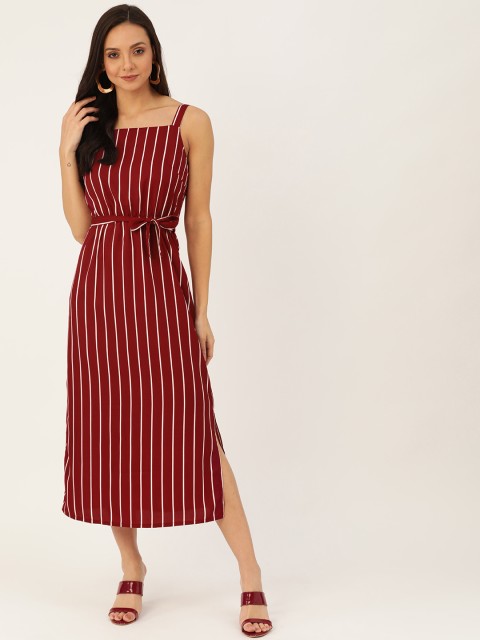

U&F Women Maroon & Off-White Striped A-Line Dress