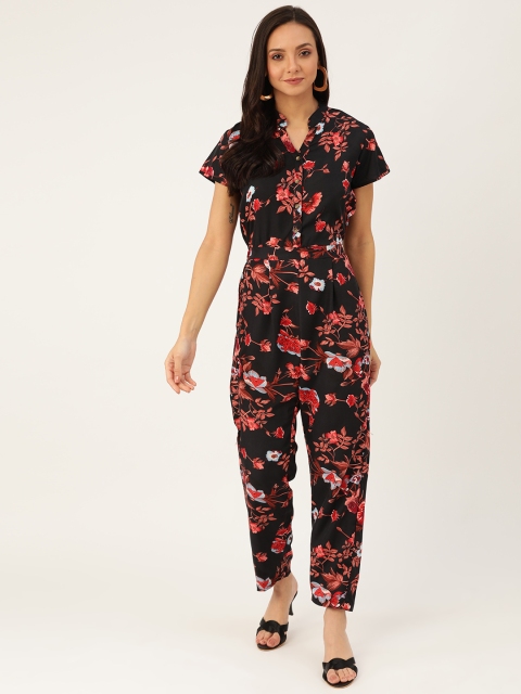 

U&F Women Black & Peach-Coloured Floral Printed Basic Jumpsuit