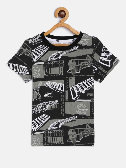 Boys Grey & Black Alpha AOP Cotton Brand Logo Printed T-shirt