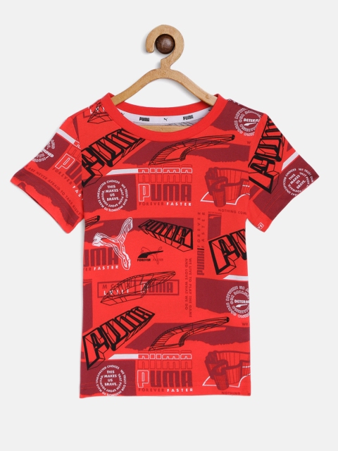 Boys Red & Black Alpha AOP Cotton Brand Logo Printed T-shirt