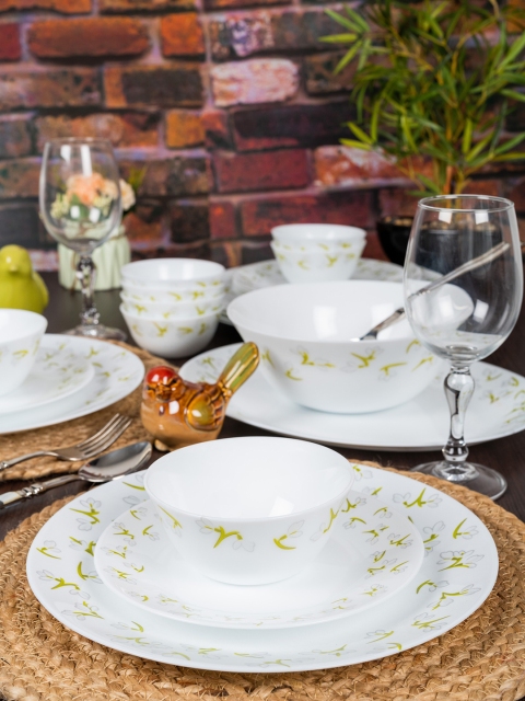 

La Opala White & Green 33 Pcs Autumn Shadow Ivory Opalware Dinner Set with Spoons