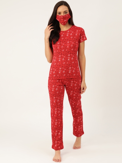 

U&F Women Red & Black Quirky Printed Night suit With Mask
