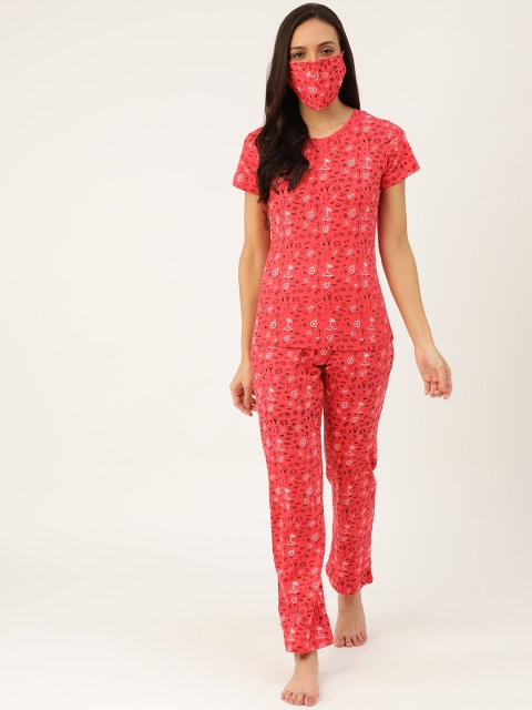

U&F Women Pink & Black Quirky Printed Night suit With Mask