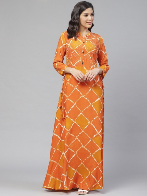 

Ishin Women Rust Orange & Mustard Yellow Checked A-Line Kurta with Block Print