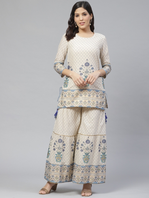 

Ishin Women Cream-Coloured & Blue Block Print Kurti with Sharara