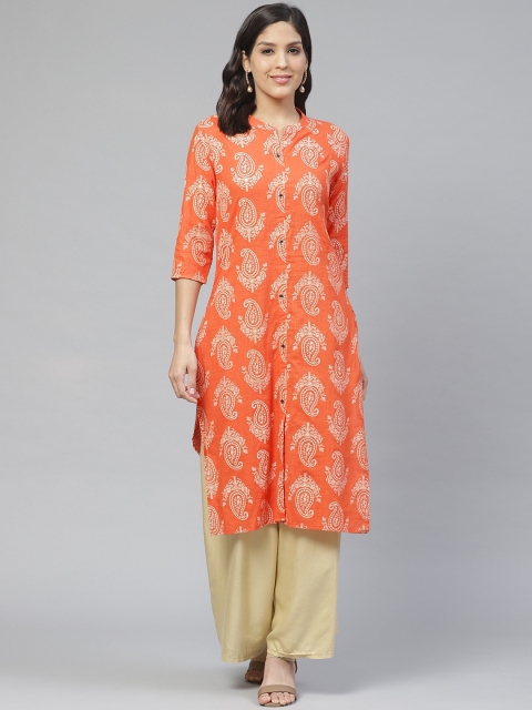 

Ishin Women Orange & Off-White Block Paisley Print Straight Kurta