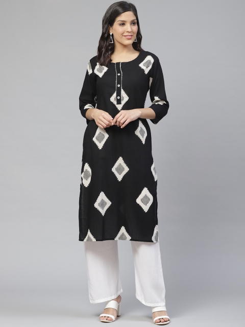 

Ishin Women Black & White Block Print Straight Kurta