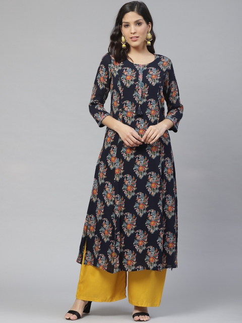 

Ishin Women Navy Blue & Orange Block Print A-Line Kurta