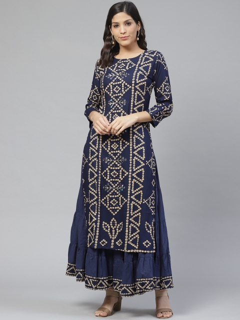 

Ishin Women Navy Blue & Beige Bandhani Print Kurta with Skirt