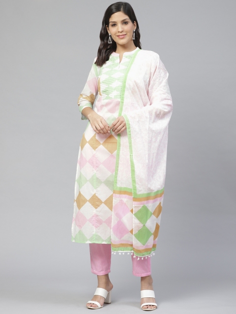 

Ishin Women White & Pink Printed Kurta with Trousers & Dupatta