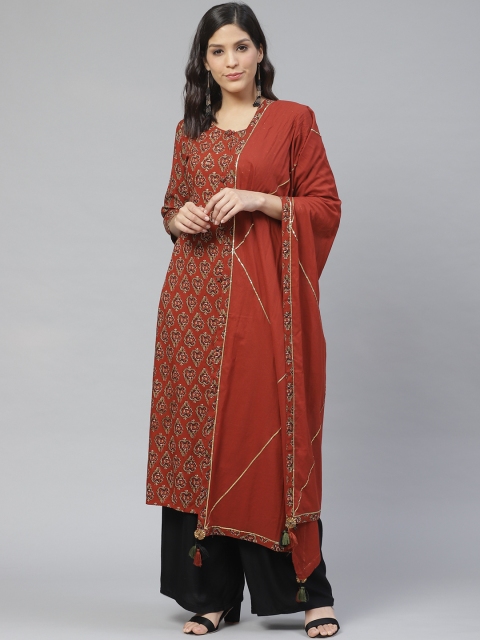 

Ishin Women Rust Red & Green Block Print Straight Kurta with Dupatta