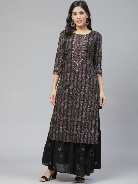 

Ishin Women Black & Grey Quirky Printed Kurta with Skirt