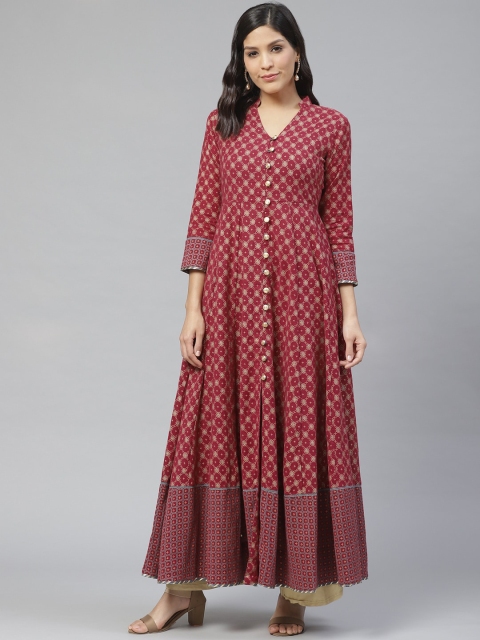 

Ishin Women Maroon & Goldedn Block Foil Print Anarkali Kurta