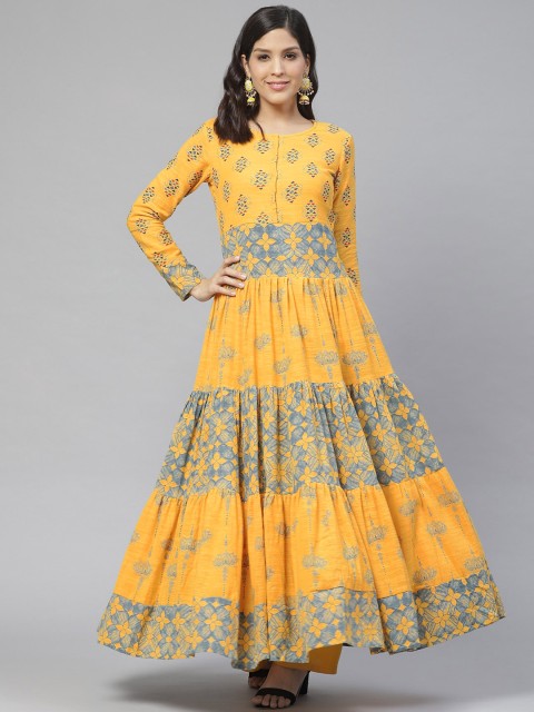 

Ishin Women Yellow & Grey Printed Tiered Anarkali Kurta