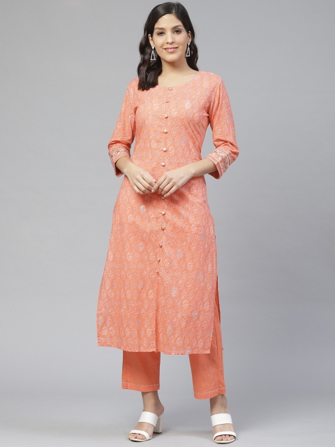 

Ishin Women Peach-Coloured qPrinted Kurta with Trousers