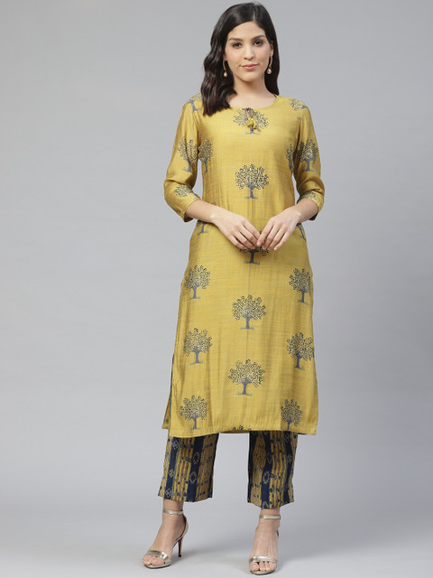 

Ishin Women Mustard Yellow & Navy Blue Printed Kurta with Trousers