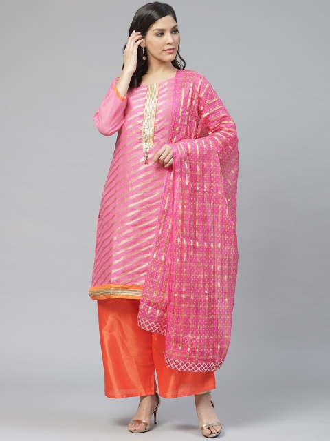 

Ishin Pink & Orange Leheriya Woven Design Unstitched Dress Material