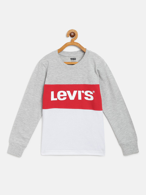 

Levis Boys Grey Melange & White Colourblocked Round Neck T-shirt with Brand Logo Detail