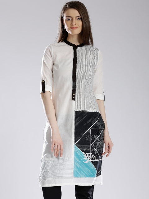 

W Off-White Geometric Print Kurta with Pintucks