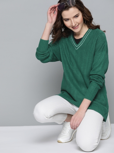 

Mast & Harbour Women Green Self-Striped Open Knit Acrylic Pullover Sweater