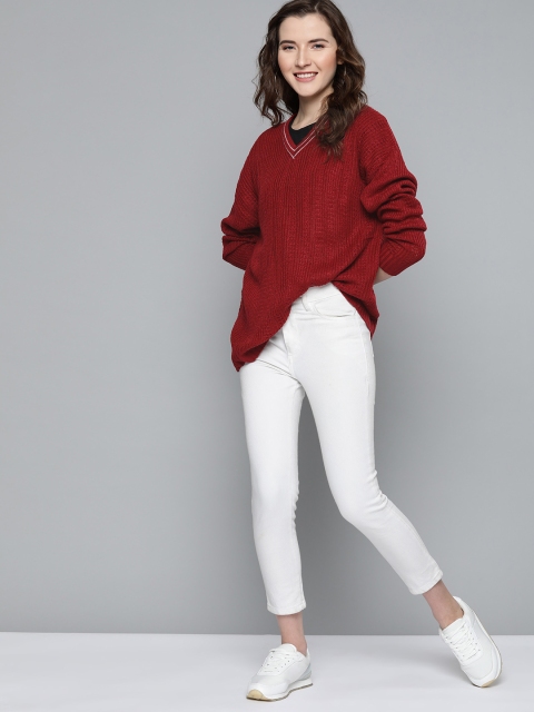 

Mast & Harbour Women Maroon Self Design Oversized Acrylic Pullover