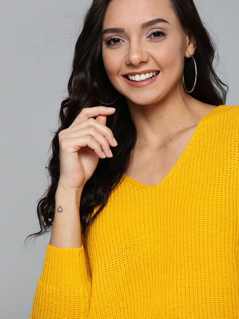 

Mast & Harbour Women Mustard Yellow Ribbed Pullover