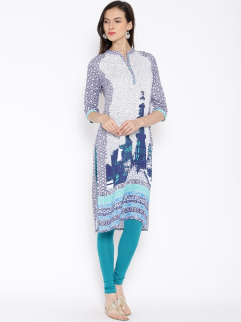 

Aurelia White & Navy Printed Kurta