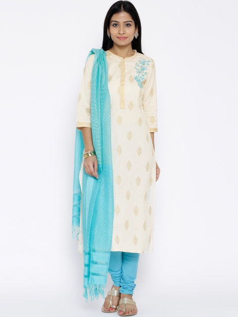 

Aurelia Cream-Coloured & Blue Printed Churidar Kurta with Dupatta