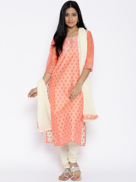 

Aurelia Orange & Cream-Coloured Embroidered Churidar Kurta with Dupatta