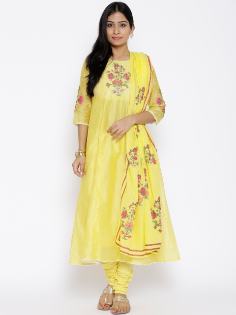 

Aurelia Yellow Embroidered Anarkali Churidar Kurta with Dupatta
