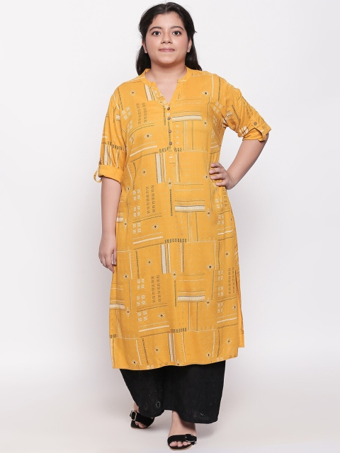 

RANGMANCH PLUS by Pantaloons Women Yellow & White Embroidered Straight Kurta