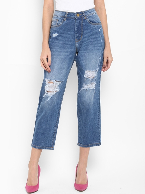 

FOSH Women Blue Straight Fit High-Rise Highly Distressed Jeans