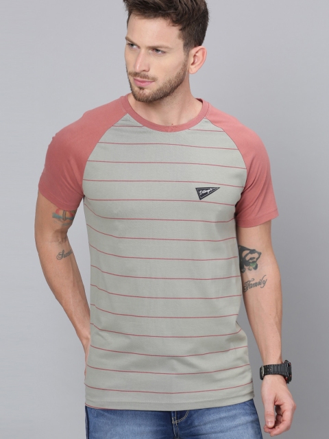 

DILLINGER Men Grey Pink Striped Round Neck Pure Cotton T-shirt