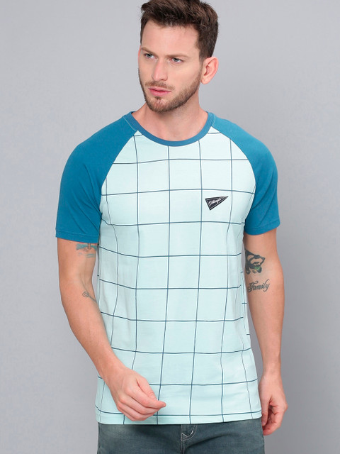 

DILLINGER Men Blue Checked Round Neck Pure Cotton T-shirt