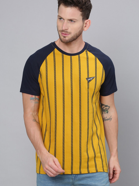 

DILLINGER Men Mustard Yellow Navy Blue Striped Round Neck Pure Cotton T-shirt