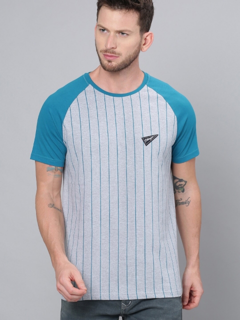 

DILLINGER Men Grey Melange Blue Striped Round Neck Pure Cotton T-shirt