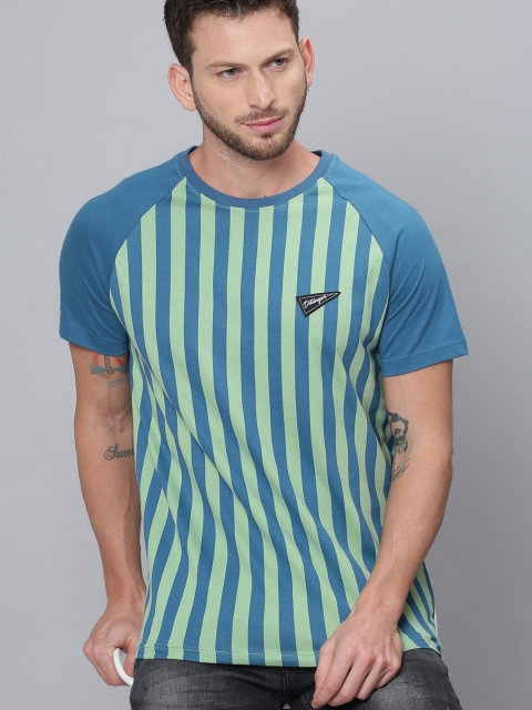 

DILLINGER Men Green Blue Striped Round Neck Pure Cotton T-shirt