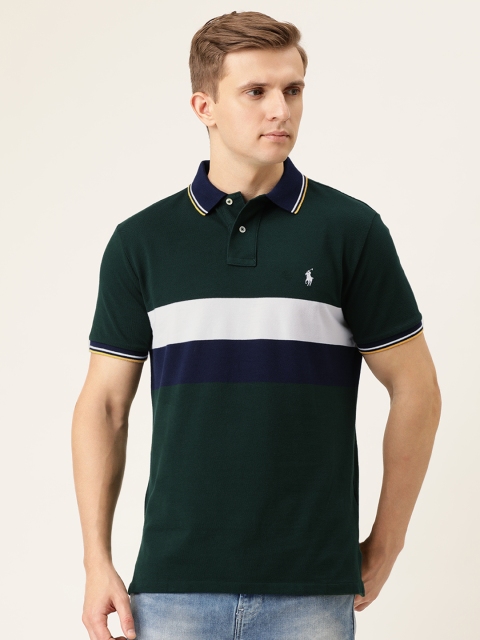 

Polo Ralph Lauren Men Green & Navy Blue Colourblocked Custom Slim Fit Mesh Polo T-shirt