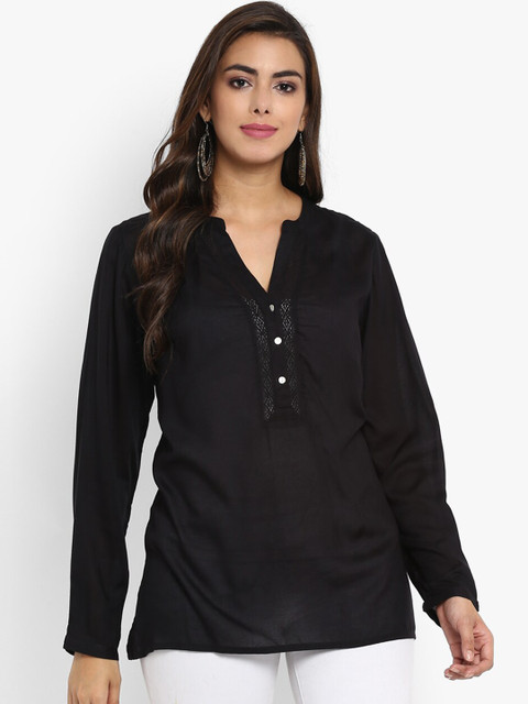 

Aditi Wasan Black V-Neck Viscose Rayon Tunic Top With Lace Design