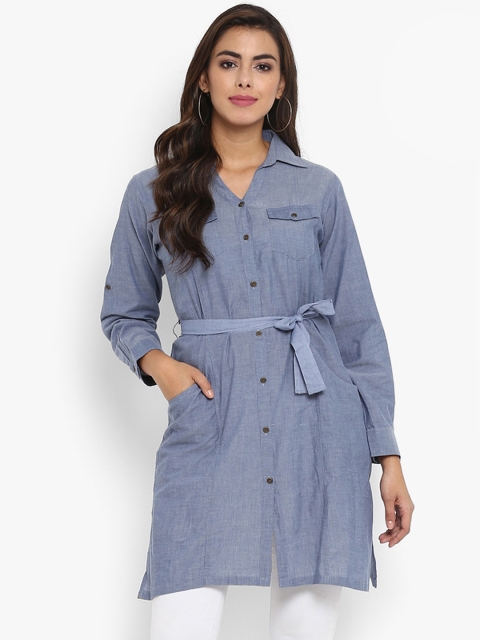 

Aditi Wasan Denim Blue Solid Cotton Shirt Style Tunic